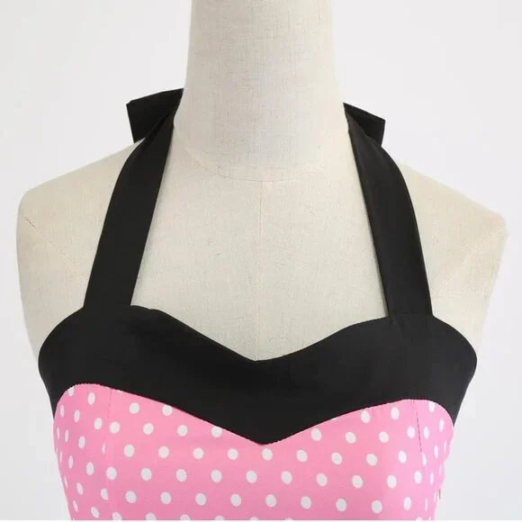 Vintage 50s Rockabilly Swing Dress Polka Dots Floral Halter A-Line - Picture 2 of 6